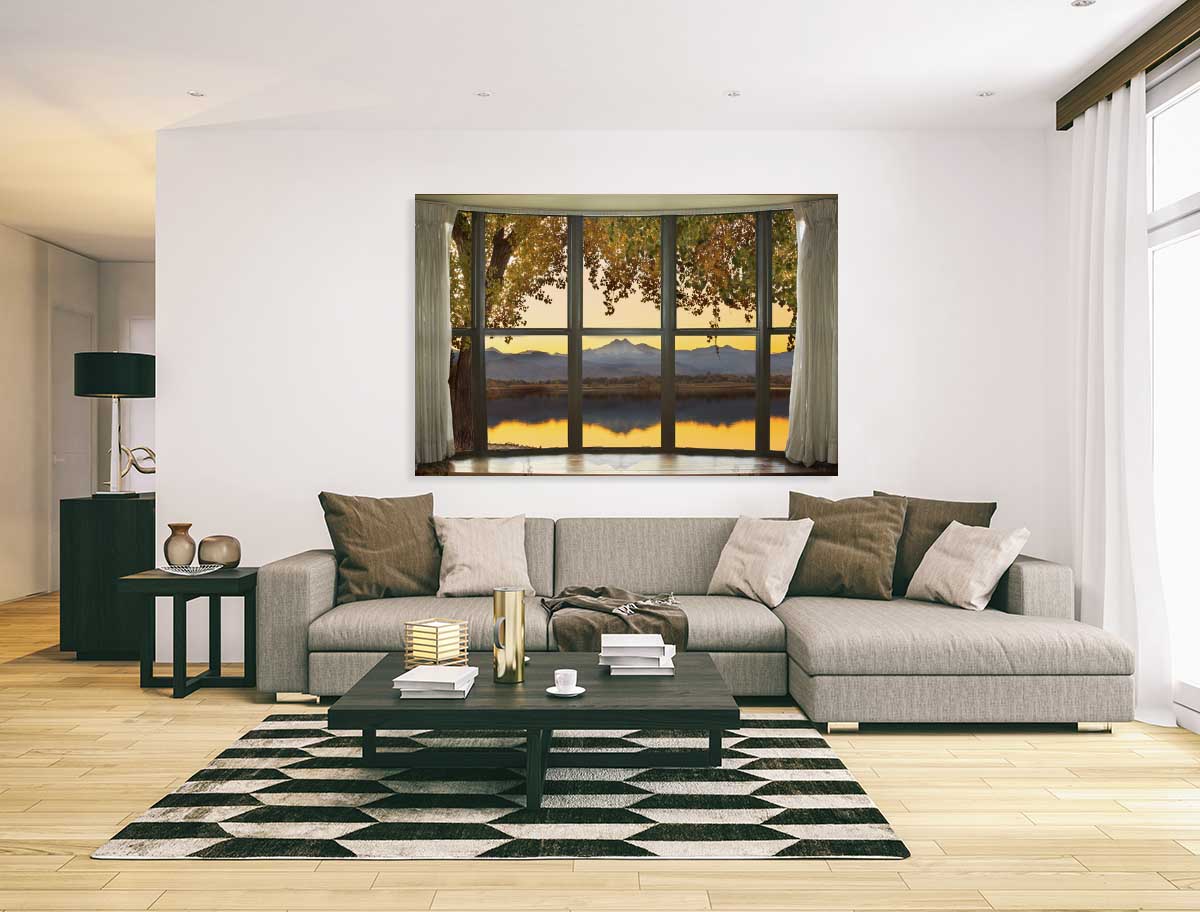 Golden mountain window canvas wall art